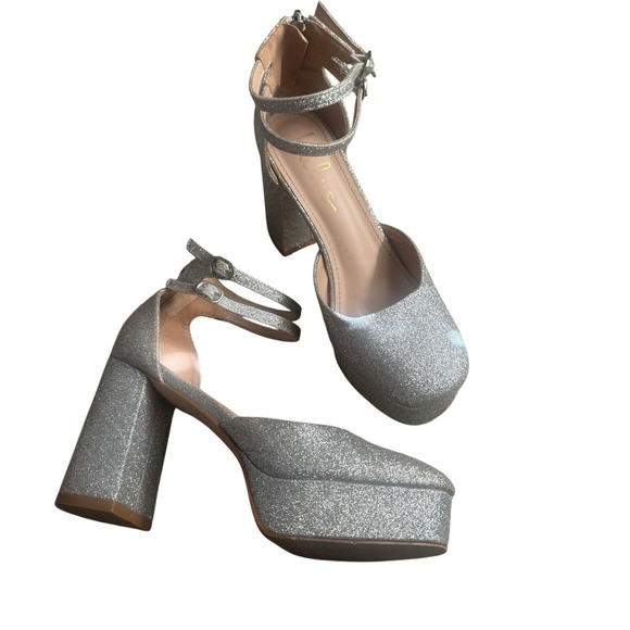 Lulus Silver Glitter Platform Heels Ankle Strap Chunky Block Heel Shoes - Picture 2 of 7
